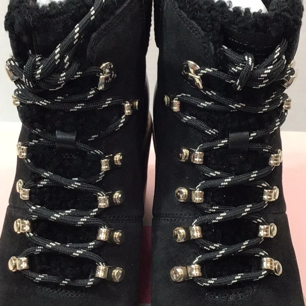 Kate Spade Black suede lamb fur Willow wedge heel Winter Boots with Tan Sole NIB